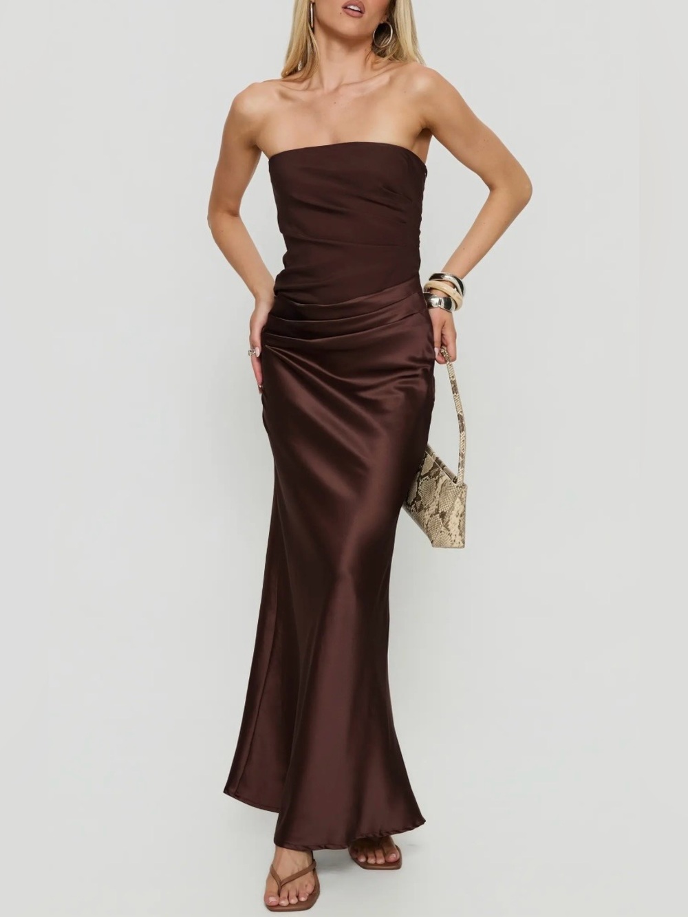 Princess Polly Strapless Satin Gown in Chocolate Brown